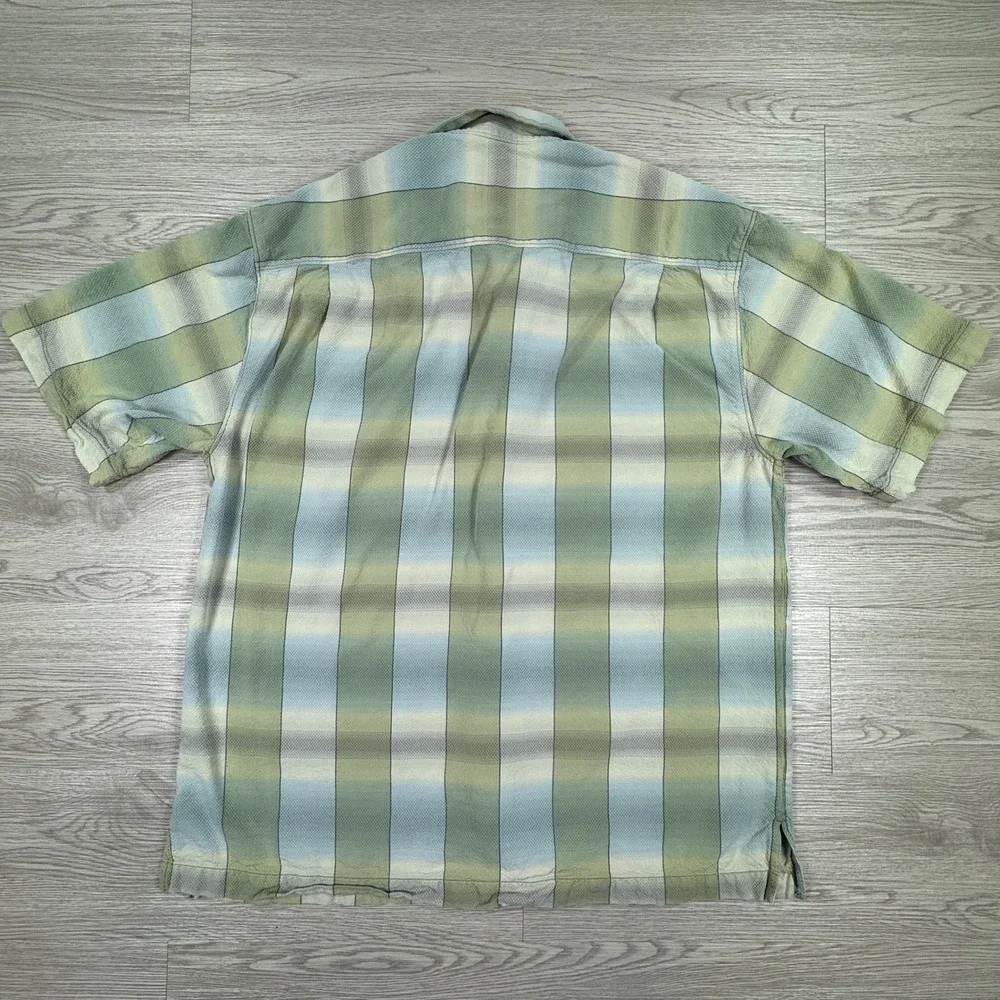 Tommy Bahama Mens Button Front Shirt Plaid Silk Green Blue Medium Short Sleeve